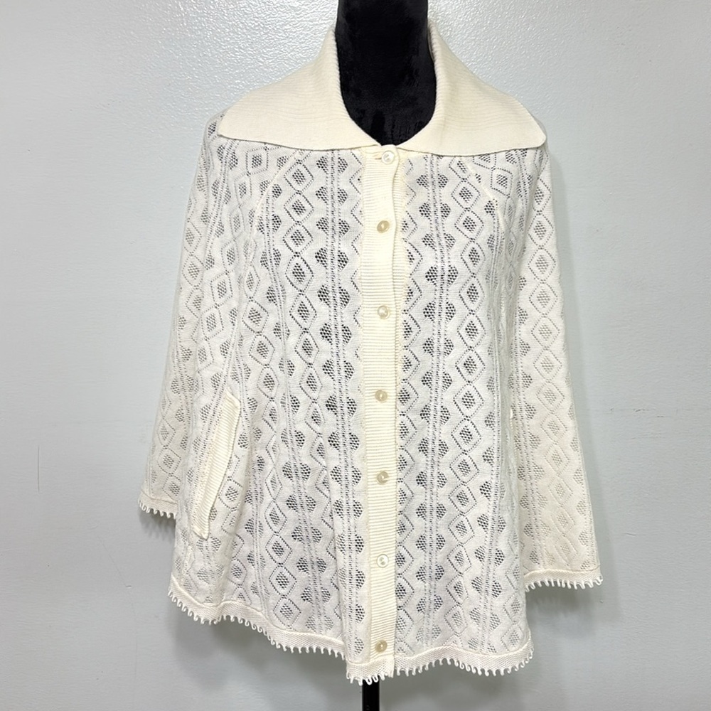 Vintage Sears Cottagecore Cream Button Down Poncho Sweater S